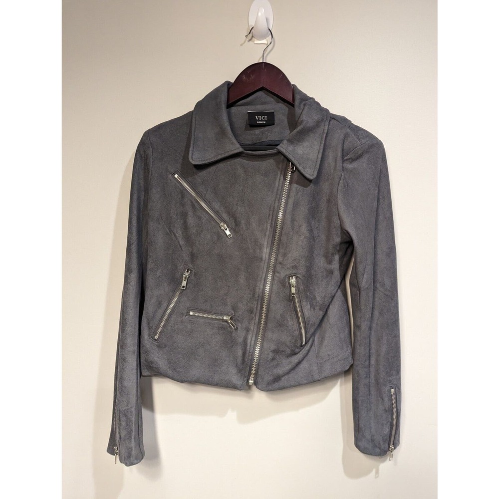 VICI Faux Suede Moto Women's Jacket Grey Size Medium with Decorative Zippers